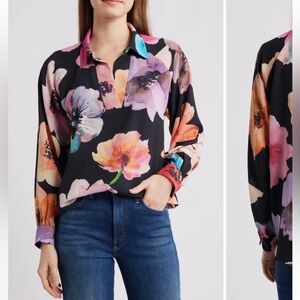 Black Floral Collared Long-Sleeve Blouse with Multicolor Blooms